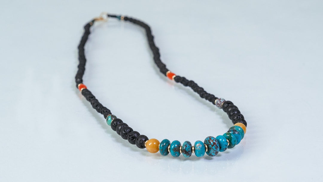 Lava & Amber Unisex Mala Necklace combined with Coral , Turquoise & goldfield spacers